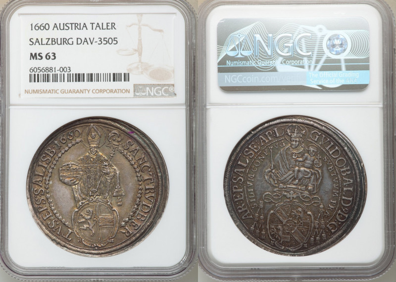 Salzburg. Guidobald Taler 1660 MS63 NGC, KM162, Dav-3505. Colorful cabinet tonin...