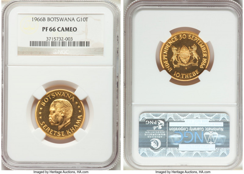 Republic gold "Independence" 10 Thebe 1966-B PR66 Cameo NGC, Bern mint, KM2. AGW...