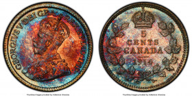 George V 5 Cents 1914 MS66 PCGS, Ottawa mint, KM22. Toned with a colorful neon blue and gold periphery surrounding fiery red center. 

HID0980124201...