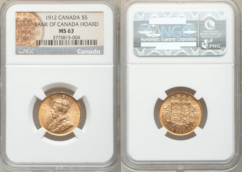 George V gold 5 Dollars 1912 MS63 NGC, Ottawa mint, KM26. AGW 0.2419 oz. Ex. Ban...