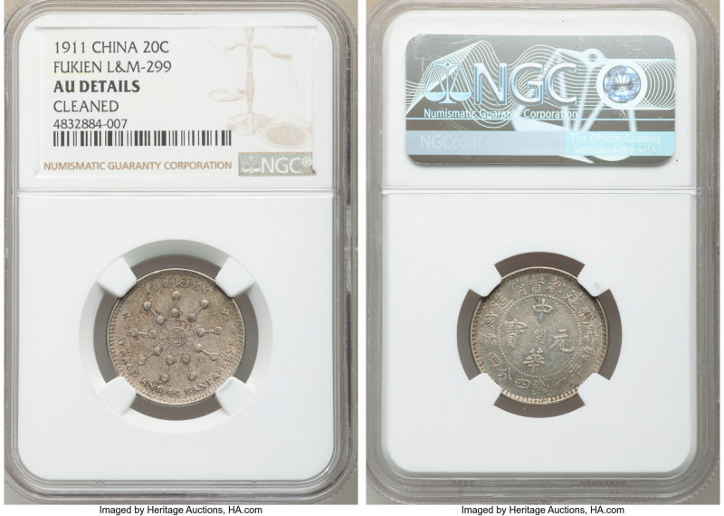 Fukien. Republic 20 Cents CD 1911 AU Details (Cleaned) NGC, KM-Y377, L&M-299. On...