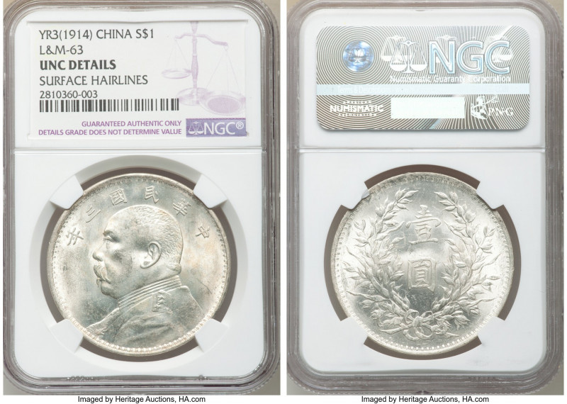 Republic Yuan Shih-kai Dollar Year 3 (1914) UNC Details (Surface Hairlines) NGC,...