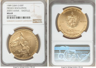 Republic gold "French Revolution" 100 Pesos 1989 MS69 NGC, KM319. Mintage: 150. Commemorates 200th anniversary of French liberty. AGW 0.999 oz. 

HI...