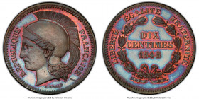 Republic copper Specimen Essai 10 Centimes 1848 SP65 Brown PCGS, Maz-1358. Heavy planchet. By E. Rogat. Lovely icy-blue, violet and red toned on Proof...