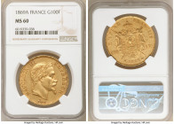 Napoleon III gold 100 Francs 1869-A MS60 NGC, Paris mint, KM802.1. Mintage: 29,000. Imbued with deep honeyed surfaces and chiseled details. AGW 0.9334...