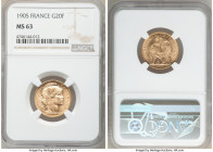 Republic gold 20 Francs 1905 MS63 NGC, KM847. AGW 0.1867 oz. 

HID09801242017

© 2020 Heritage Auctions | All Rights Reserved