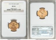 Republic gold 20 Francs 1914 MS66 NGC, KM857. AGW 0.1867 oz. 

HID09801242017

© 2020 Heritage Auctions | All Rights Reserved