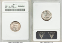 French Colony 10 Cents 1911-A MS63 ANACS, KM9. Argent and russet toning. 

HID09801242017

© 2020 Heritage Auctions | All Rights Reserved