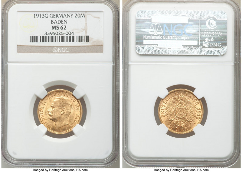 Baden. Friedrich II gold 20 Mark 1913-G MS62 NGC, Karlsruhe mint, KM284. AGW 0.2...