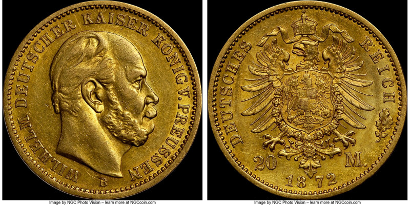 Prussia. Wilhelm I gold 20 Mark 1872-B AU55 NGC, Hannover mint, KM501. AGW 0.230...