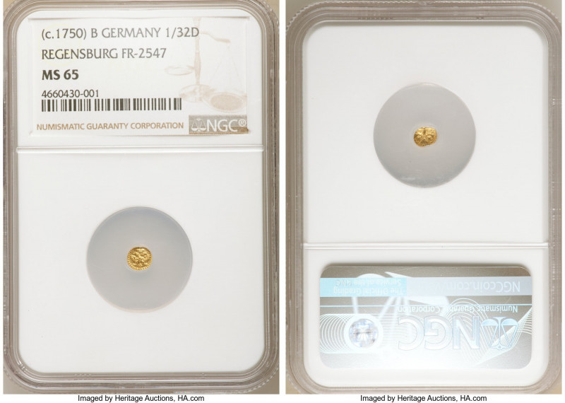 Regensburg. Free City gold 1/32 Ducat ND (c. 1750) MS65 NGC, KM355, Fr-2547. A g...