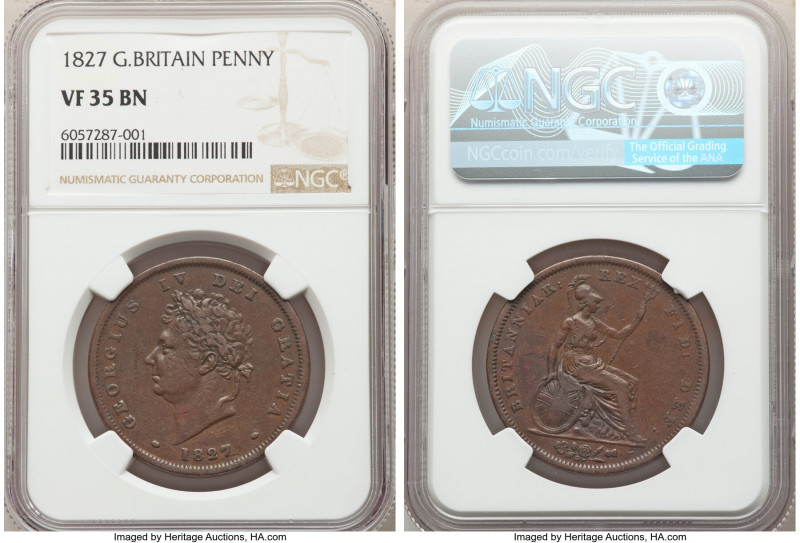 George IV Penny 1827 VF35 Brown NGC, KM693, S-3823. Scarce last year of type. 
...