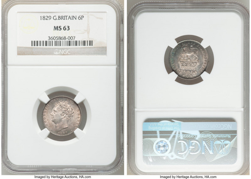 George IV 6 Pence 1829 MS63 NGC, KM698, S-3815. Last year of type, lavender-gray...