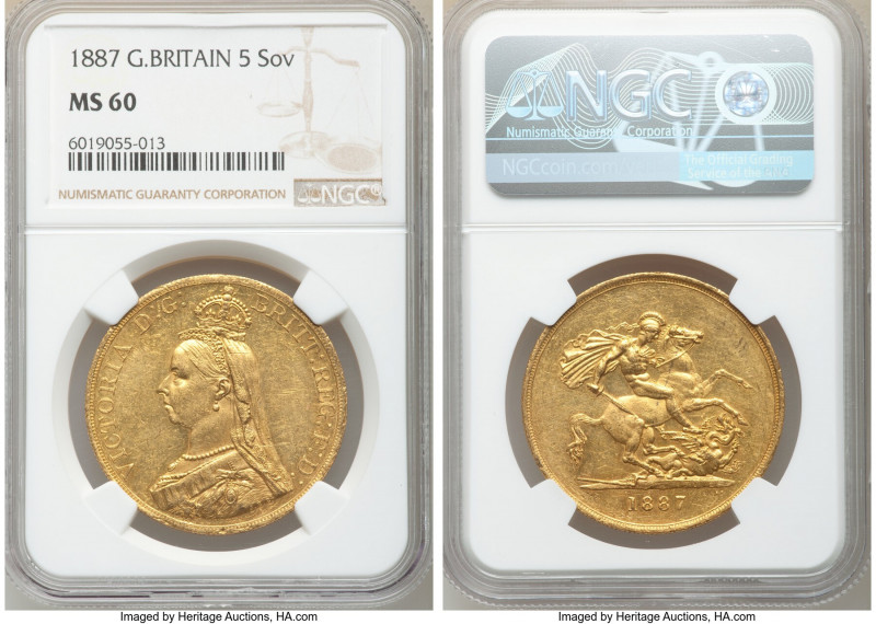 Victoria gold 5 Pounds 1887 MS60 NGC, KM769, S-3864. Jubilee head, one year type...