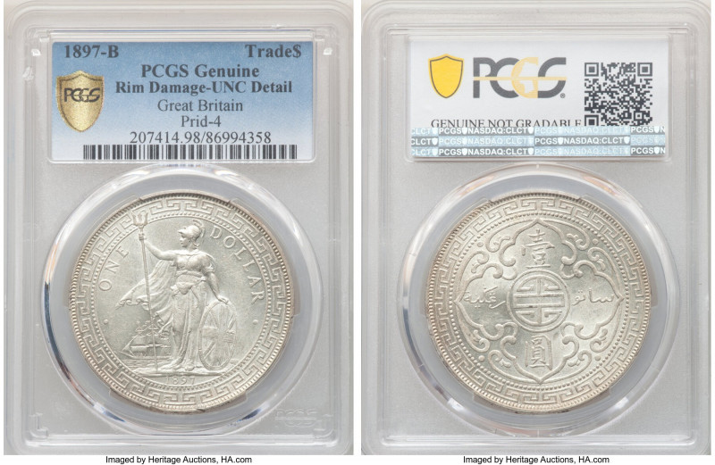 Victoria Trade Dollar 1897-B UNC Details (Rim Damage) PCGS, Bombay mint, KM-T5, ...