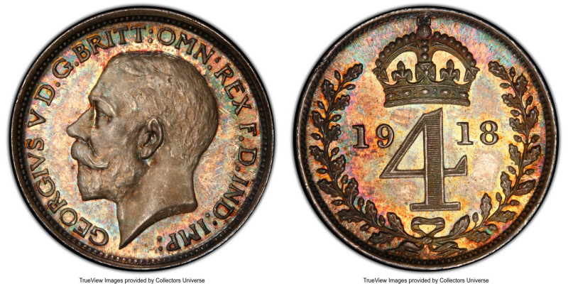 George V 4-Piece Certified Prooflike Maundy Set 1918 PCGS, 1) Penny - PL66, KM81...