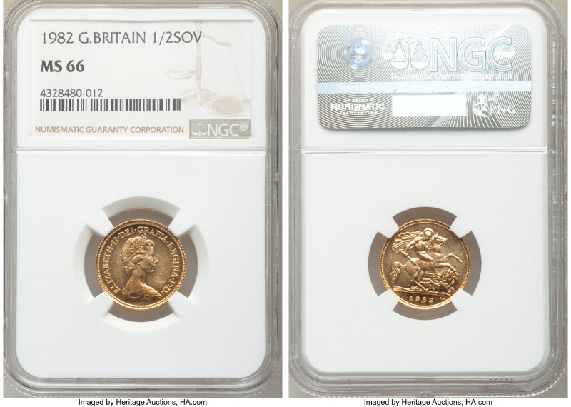 Elizabeth II gold 1/2 Sovereign 1982 MS66 NGC, KM922. AGW 0.1177 oz. 

HID0980...