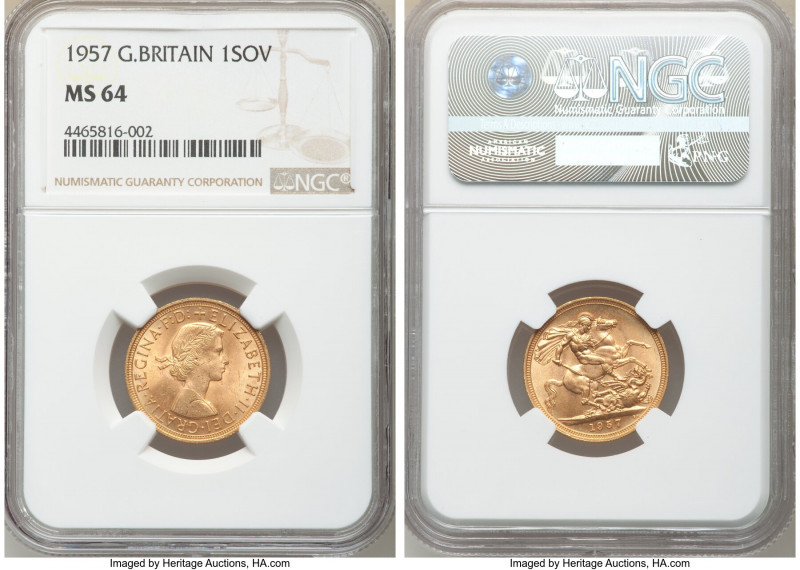 Elizabeth II gold Sovereign 1957 MS64 NGC, KM908. AGW 0.2355 oz. 

HID09801242...