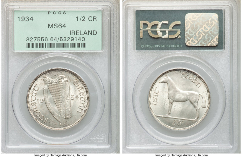 Free State 1/2 Crown 1934 MS64 PCGS, KM8. Taupe-gray toning over muted mint lust...