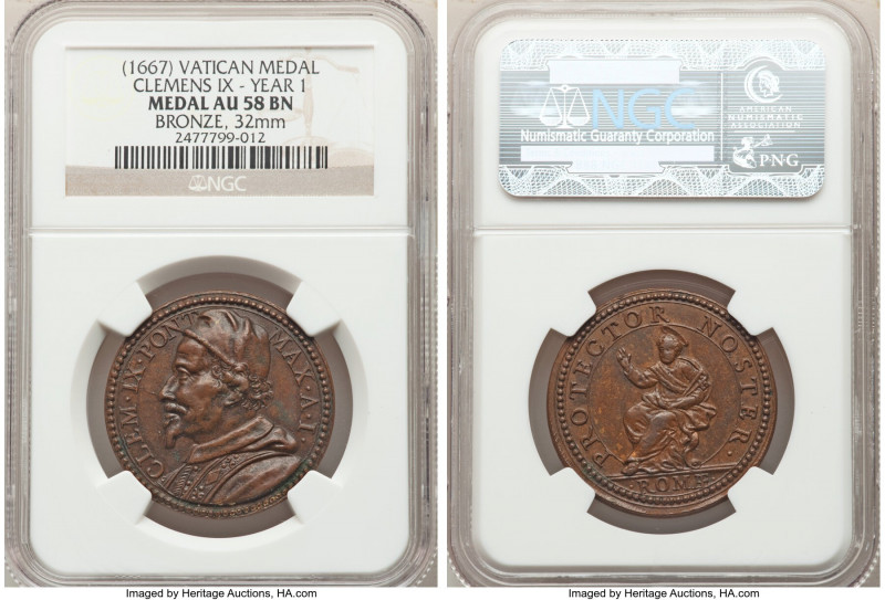 Papal States. Clement IX bronze Medal Anno I (1667)-Dated AU58 Brown NGC, 32mm. ...