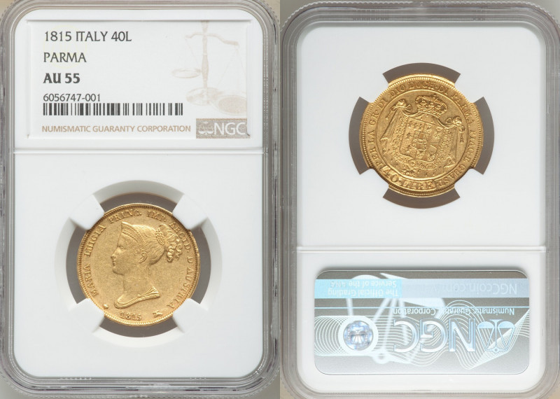 Parma. Maria Luigia gold 40 Lire 1815 AU55 NGC, KM-C32. First year of two year t...