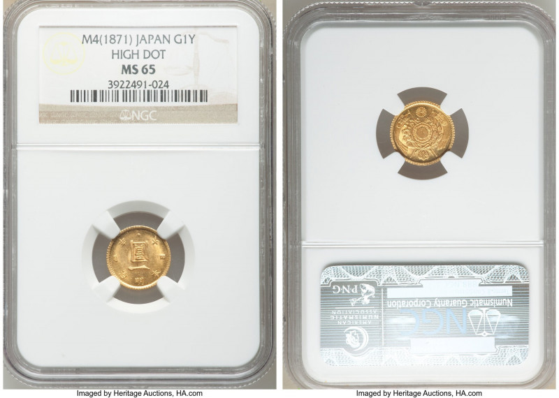 Meiji gold "High Dot" Yen Year 4 (1871) MS65 NGC, KM-Y9. High dot variety. 

H...