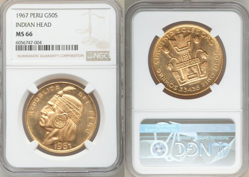 Republic gold "Inca" 50 Soles 1967 MS66 NGC, Lima mint, KM219, Fr-77. AGW 0.9675...