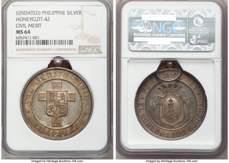 Spanish Colony. Alfonso XIII silver "Civil Merit" Medal ND (c. 1890) MS64 NGC, B...