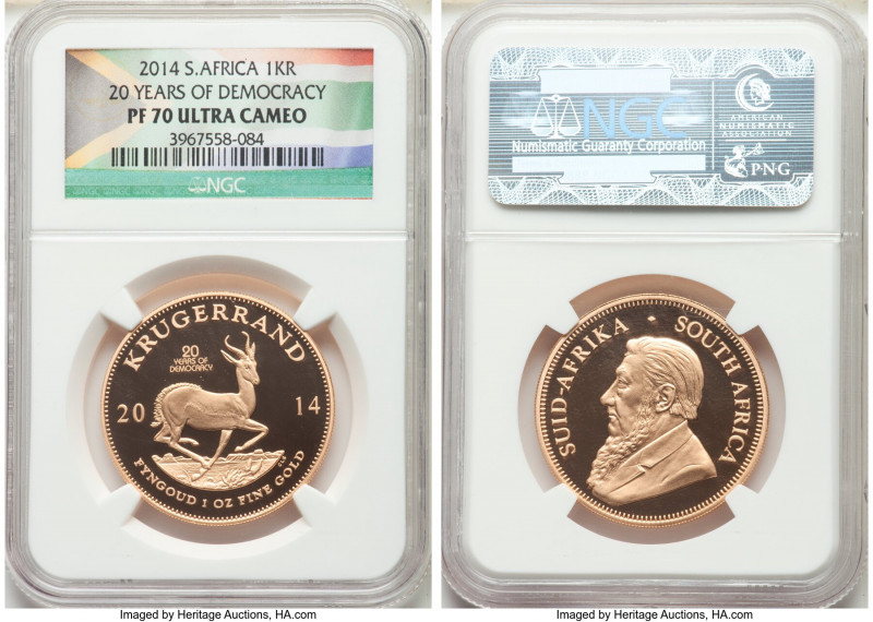 Republic gold Proof "20 Years of Democracy" Krugerrrand 2014 PR70 Ultra Cameo NG...