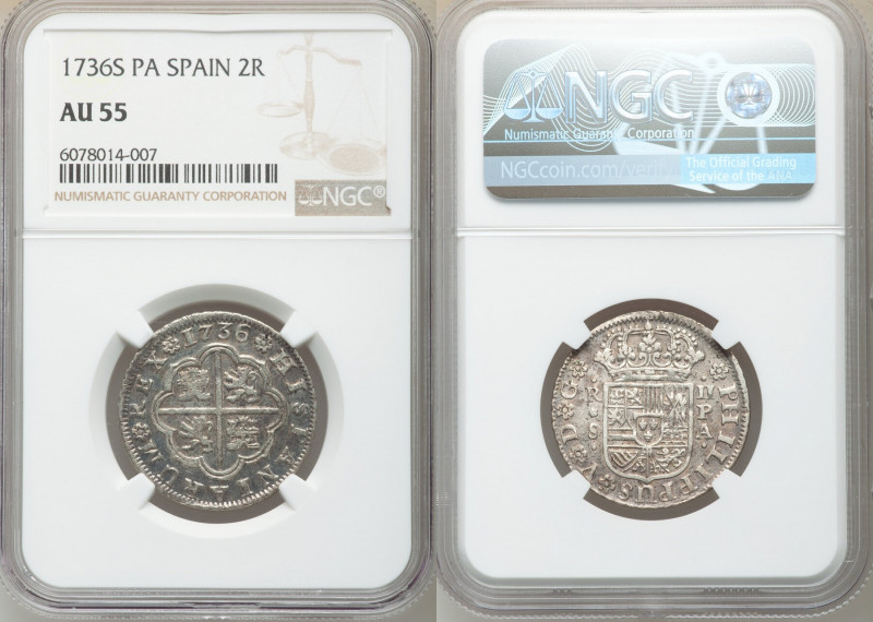 Philip V 2 Reales 1736 S-PA AU55 NGC, Seville mint, KM355.

HID09801242017

...