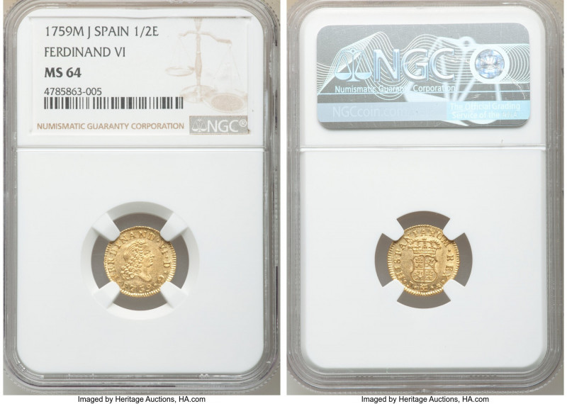 Ferdinand VI gold 1/2 Escudo 1759 M-J MS64 NGC, Madrid mint, KM378. Surfaces gli...