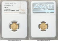 Ferdinand VI gold 1/2 Escudo 1759 M-J MS64 NGC, Madrid mint, KM378. Surfaces glistening with a generous amount of luster, drawing attention to the ful...