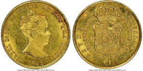 Isabel II gold "De Vellon" 80 Reales 1842 B-CC MS63 NGC, Barcelona mint, KM578.1. Struck with crisp details, semi-Prooflike fields and recessed merlot...
