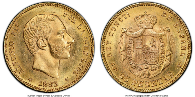 Alfonso XII gold 25 Pesetas 1883(83) MS-M MS64 PCGS, Madrid mint, KM687. 

HID...