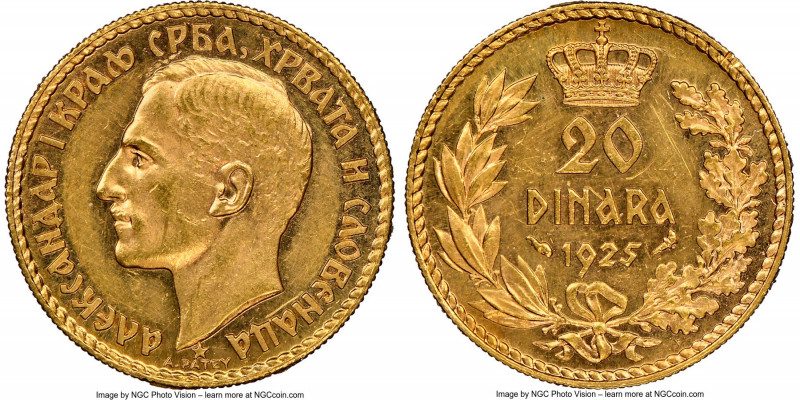 Alexander I gold 20 Dinara 1925 MS61 NGC, KM7. AGW 0.1867 oz. 

HID09801242017...