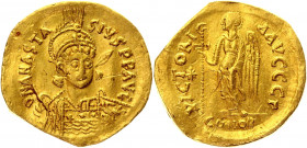 Byzantium Solidus 491 - 518 AD, Anastasius
SB 3; Gold 4,22 g.; Obv: DNANASTASIVSPPAVG - Helmeted, cuirassed bust facing, holding spear over shoulder ...