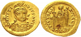 Byzantium Solidus 527 - 542 AD, Justinian I
SB 173a, MIB 20; Gold 4,41 g.; Obv: DNIVSTINANVSPPAVG - Helmeted, cuirassed bust facing, holding spear ov...