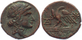 Kings of Bosporus Panticapaeum AE Obol 63 - 47 BC
MacDonald# 187; Copper 18,00g.; Pharnakes; Obv: Wreathed head of Dionysos right / Rev: Eagle standi...