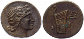 Kings of Bosporus Panticapaeum AE Obol 81 - 65 BC
Copper 17,92g.; Machares; Obv: Wreathed head of Dionysos right / Rev: Gorytos, monogram to right; V...