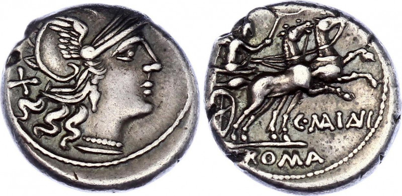 Roman Republic Denarius 153 BC C. Maianius
Silver 3,84 g.; Obv:Helmeted head of...