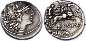 Roman Republic Denarius 153 BC C. Maianius
Silver 3,84 g.; Obv:Helmeted head of Roma. Rev. Victory in biga, right, holding reins in left hand and whi...