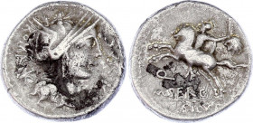 Roman Republic Denarius 116 - 115 BC Marcus Sergius Silus
Silver 3,74 g.; Obv: Helmeted head of Roma right. ROMA. Rev: Helmeted horseman bouncing lef...