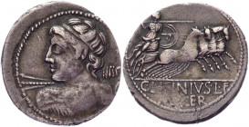 Roman Republic Denarius 84 BC, C Licinius Lf Macer
Crawford 354/1; Syd 732.; Siver 3,87 g.; Obv: Diademed bust of Vejovis left, seen from behind, hur...