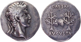 Roman Republic Denarius 19 - 18 BC
RIC 33b, BMC 318, C 48; Silver 3,61 g.; Obv: No legend - Laureate head right. Rev: CAESAR/AVGVSTVS - Two laurel tr...