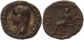 Roman Empire As 37 - 38 AD, Caligula
RIC 38, BMC 46, C 27; Copper 10,92 g.; Obv: CCAESARAVGGERMANICVSPONMTRPOT - Bare head left. Rev: VESTA - Vesta s...