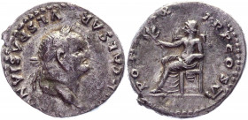 Roman Empire Denarius 75 AD, Vespasian
RIC 90, S 2301, C 366; Silver 3,23 g.; Obv: IMPCAESARVESPASIANVSAVG - Laureate head right. Rev: PONMAXTRPCOSVI...