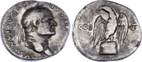 Roman Empire Denarius 76 AD Titus
RIC 191b (Vespasian), S 2438; Siver 2,72 g.; Obv: TCAESARIMPVESPASIANVS - Laureate head right. Rev: COSV - Eagle st...