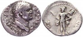Roman Empire Denarius 78 AD, Vespasian
RIC 104, S 2288; Silver 3,27 g.; Obv: IMPCAESARVESPASIANVSAVG - Laureate head right. Rev: COSVIII - Mars stand...