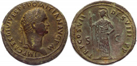 Roman Empire Sestertius 81 AD, Domitian
Copper 25,17 g.; Obv: IMPCAESDIVIVESPFDOMITIANAVGPM - Radiate head left. Rev: TRPCOSVIIDESVIIIPP - Minerva st...