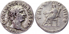 Roman Empire Denarius 100 AD, Trajan
RIC 33, BMC 64; Silver Weight 3,06 g.; Obv: IMPCAESNERVATRAIANAVGGERM - Laureate head right. Rev: PMTRPCOSIIIPP ...